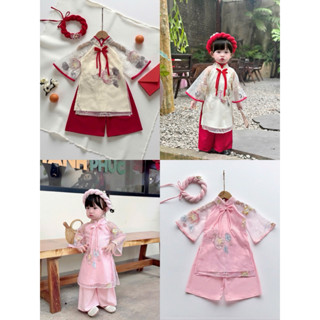  Áo Dài Hoạ Tiết Hoa Sen 2 Màu Kèm Mấn Cho Bé Gái Diện Lễ Tết Chụp Hình 