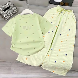   17-55kg  Bộ đồ Miu họa tiết nơ áo cộc quần thun mềm siêu hot xinh xắn cho bé gái 