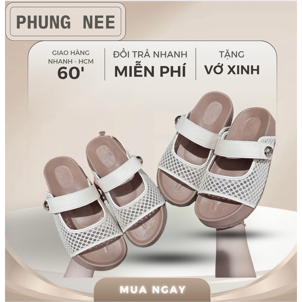 Dép sandal nữ đế cao 5cm kiểu lưới hot trend – Dép quai ngang phối khoá tròn đi học đi chơi cực êm