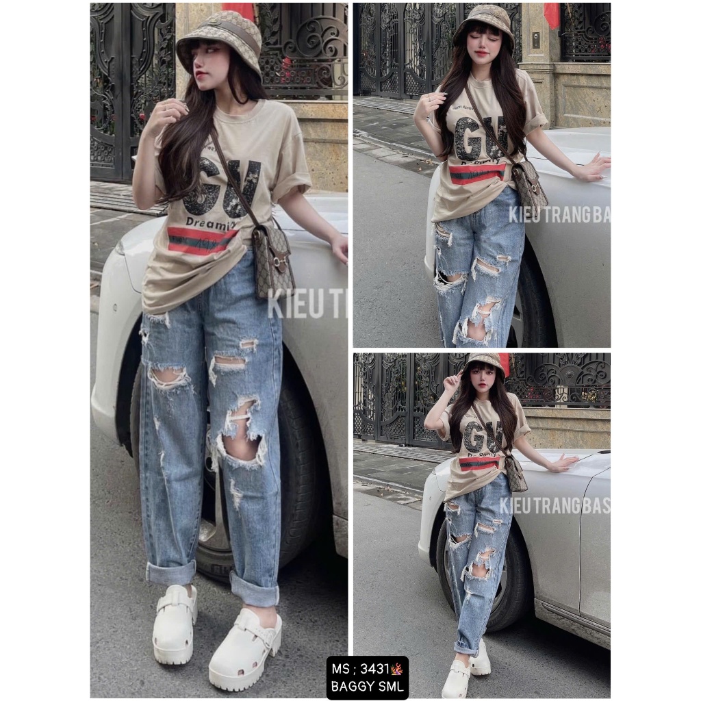 Quần Jean Baggy Rách Gối Form Rộng Unisex Cạp Cao – Jean Baggy Vintage Cá Tính