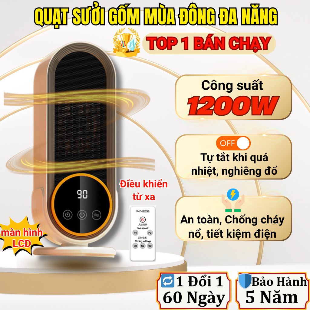 Máy Sưởi Gốm Mini E68S, 2 Chế Độ Ấm Nóng, Tự Ngắt An Toàn, Chống Cháy Nổ, Làm Ấm Phòng Ngủ Cực Nhanh