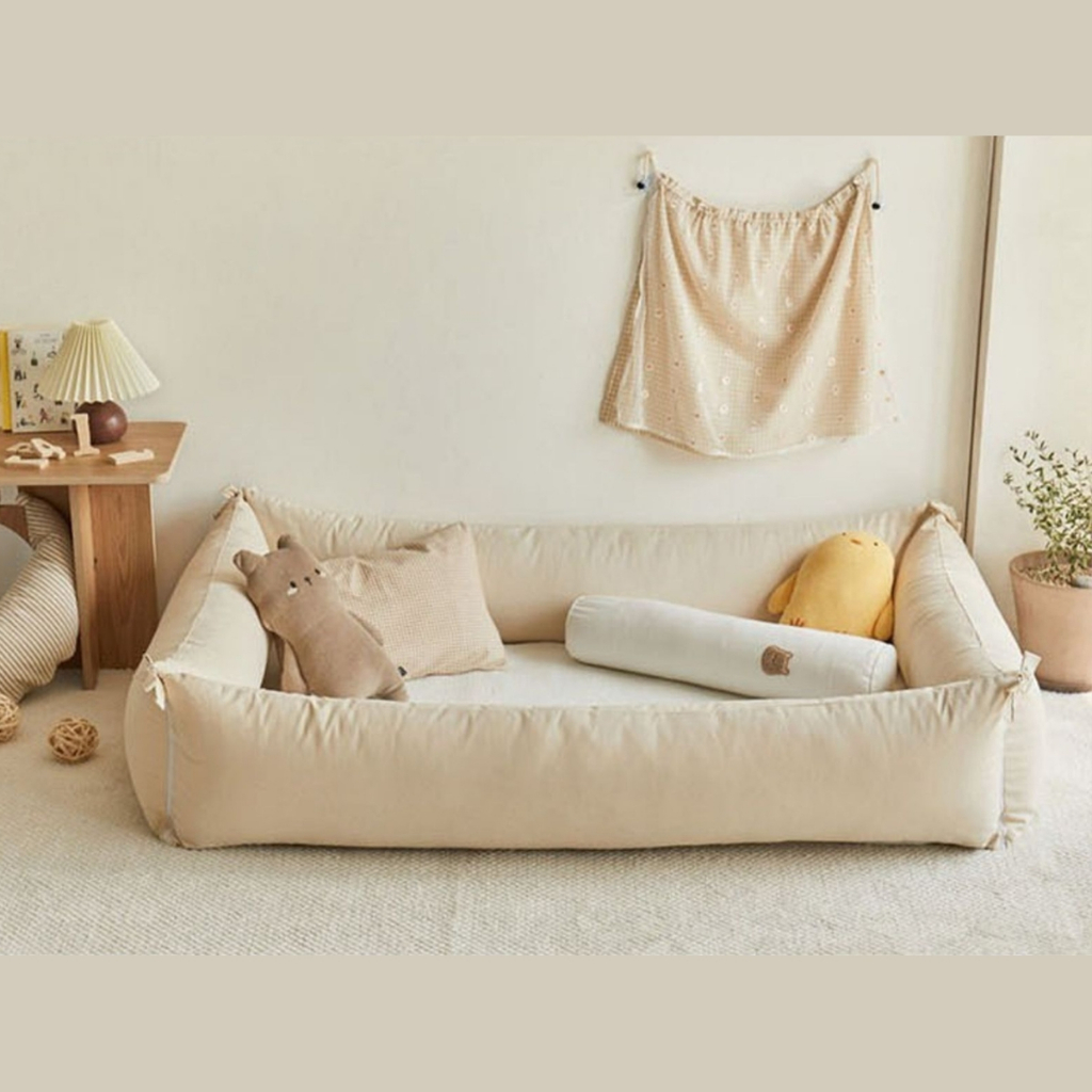 Đệm Quây Đa Năng Bumper Bed Tone Be Hàn Quốc - Giường Ngủ thấp An Toàn, Chống Té Ngã, Cotton Mềm Mát