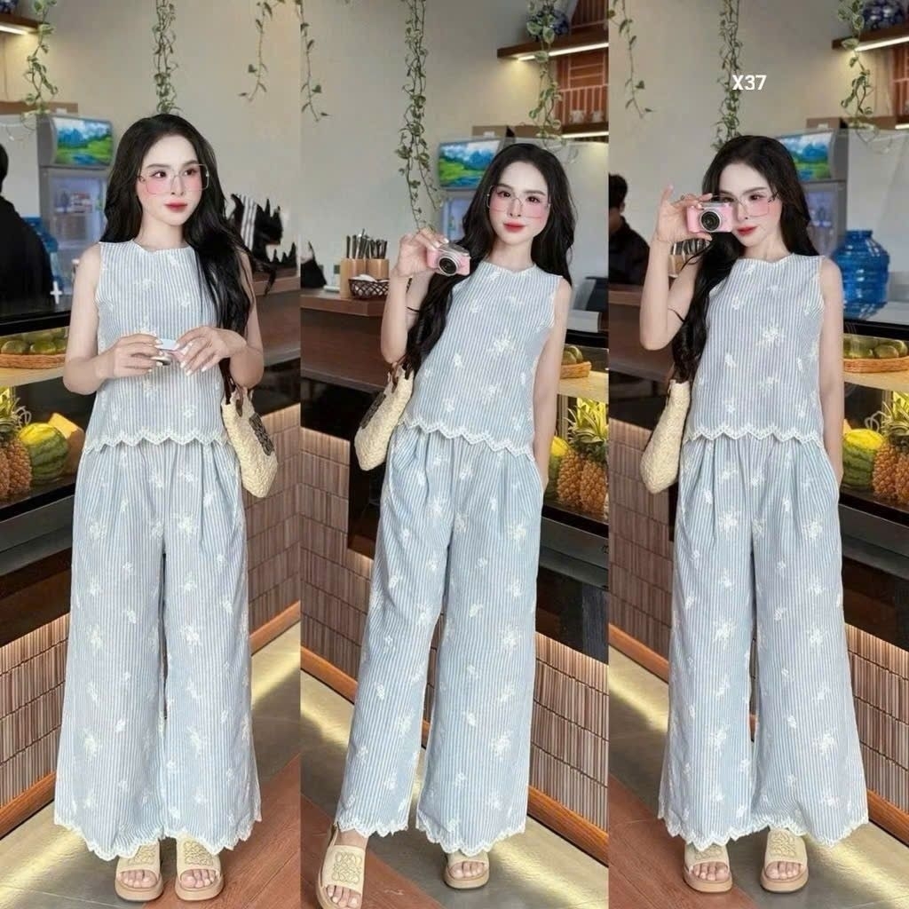 Sét kate xốp phối ren quần dài rộng chuẩn hình cao cấp X37