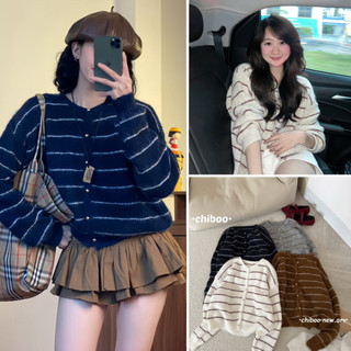   HÀNG QC sẵn  Áo cardigan len lông thỏ kẻ sọc ngang phối cúc đồng LEN252 