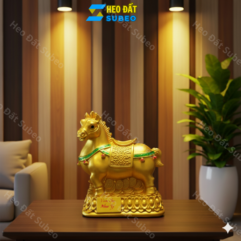 Ngựa tài lộc vàng ánh kim tài lộc may mắn kèm heo đất ống heo tiết kiệm – Quà tặng phong thủy sang t