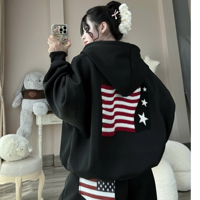 Áo Khoác Hoodie Thêu cờ Mỹ Đỏ Trắng Nam Nữ Khóa Zip Kéo Form Rộng  Hoạ Tiết Thêu Chữ Nổi Bật 2026