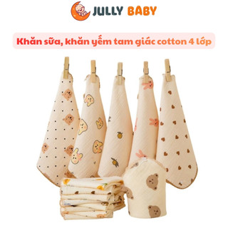 Khăn sữa cotton 4 lớp có cúc bấm, khăn yếm tam giác mềm mịn cao cấp, họa tiết đáng yêu cho bé
