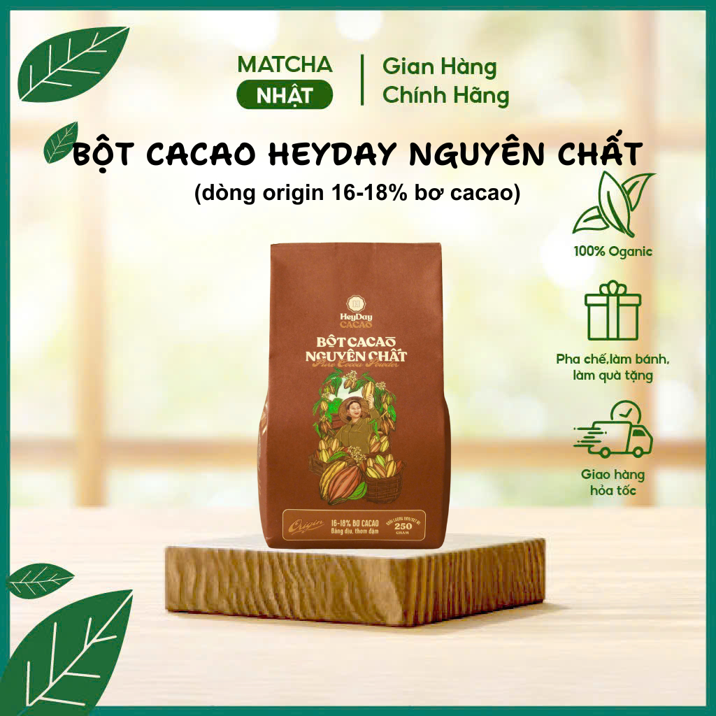 Bột cacao heyday nguyên chất 100%, bột cacao dòng origin thượng hạng , túi giấy 250g