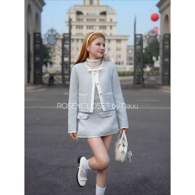 Set dạ tweed nữ cao cấp xanh kem – áo khoác ngắn phối nơ + chân váy chữ A, phong cách  thanh lịch_Ro