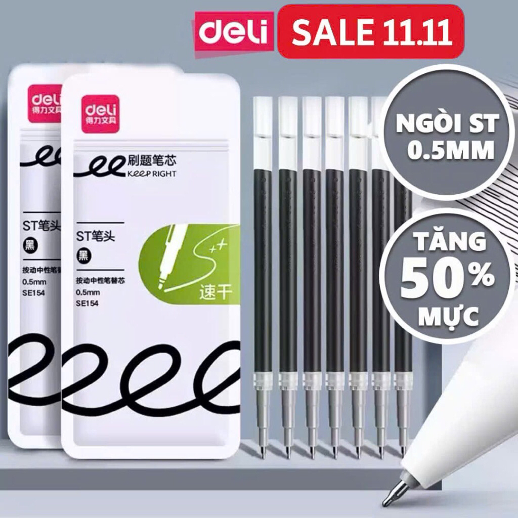 Combo 10 20 Ruột Bút ST Gel Deli Thế Hệ Mới Ngòi ST 0.5mm Dùng Cho Bút Bi Nước Bấm Đầu A575/S60/S101
