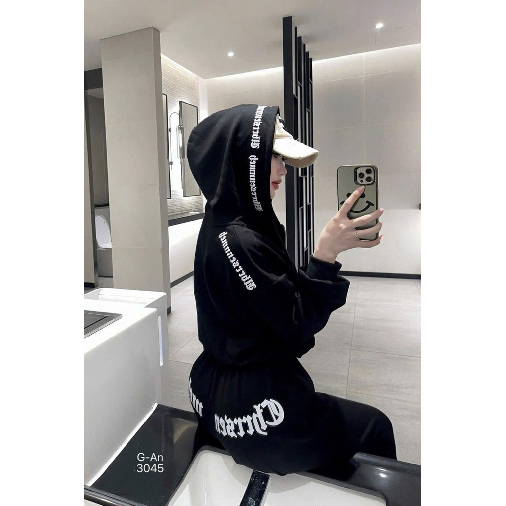 Set khoác nỉ khoá kéo in chữ cực chất (dây áo màu trắng)