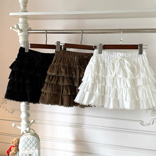  Chân váy nhung tăm ngắn 4 tầng viền ren cạp chun QC 601 Lumii 