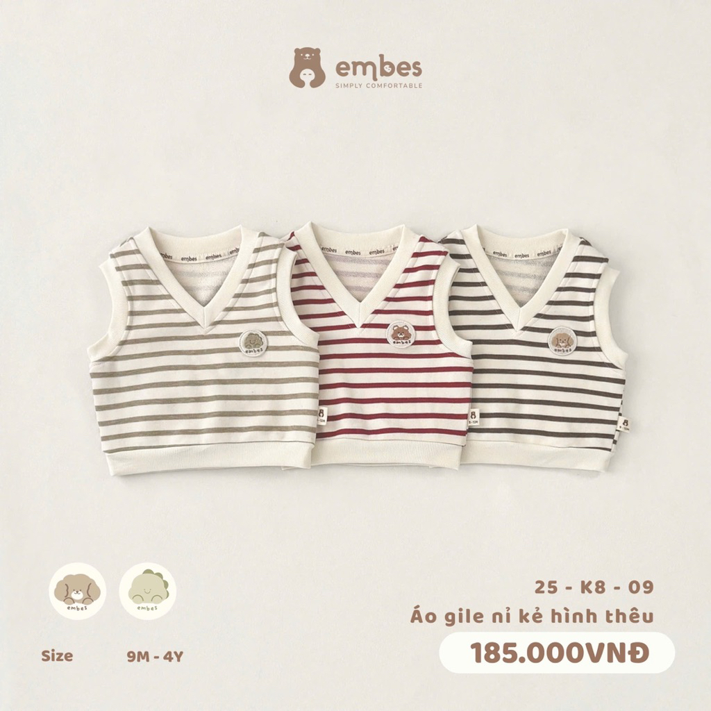 Áo gile nỉ kẻ cổ tim Embes 25-K8-09 cho bé trai bé gái. Áo gile thu đông cho bé BEO.Kids