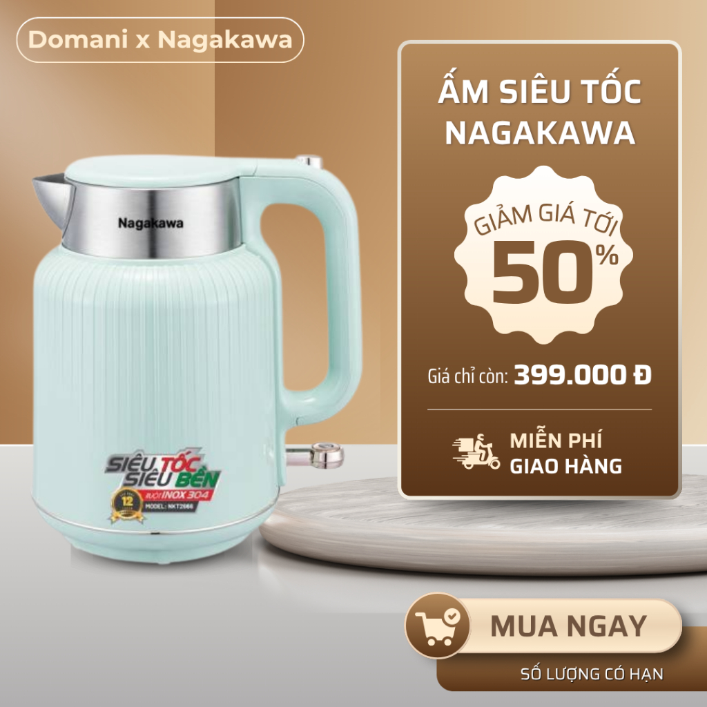 Ấm siêu tốc Nagakawa NKT2666 1.7L – Inox 304, tự ngắt, đế xoay 360°, bảo hành 12 tháng