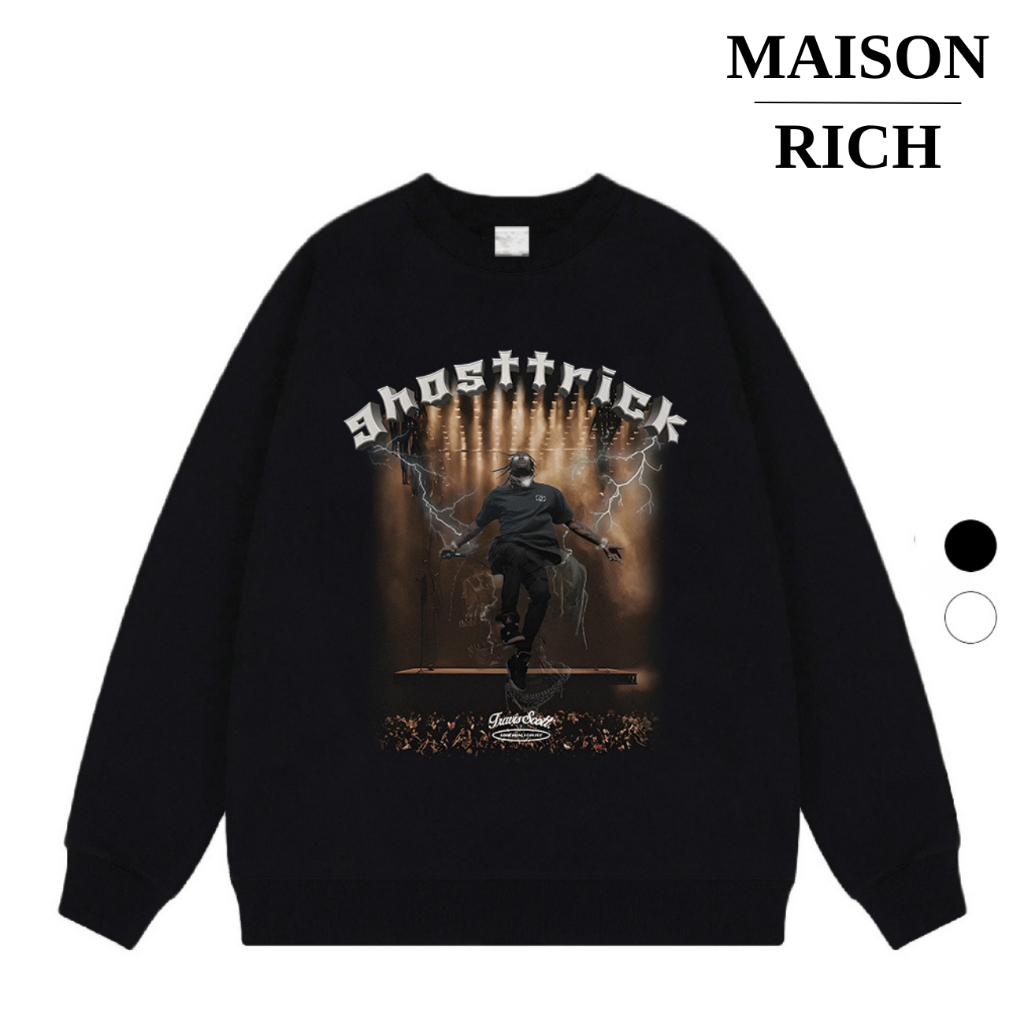 Áo Sweater Maison Rich Premium Nỉ Ghost Trick Concert Travis Scott Black White