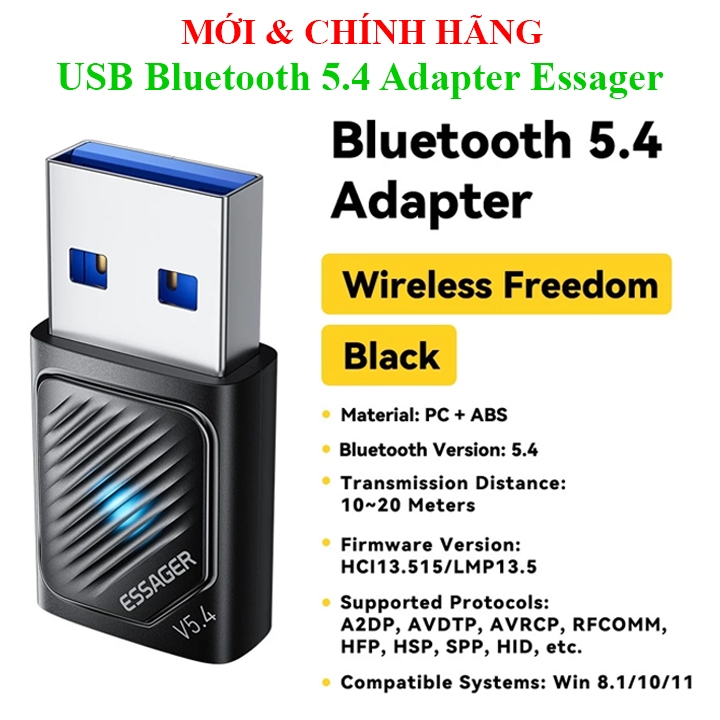 Bộ chuyển đổi USB ESSAGER Bluetooth 5.4 Adapter cho Windows 8.1/10/11\ Fenvi \ DONGLE 5.3, 5.1, 5.0\ BT17054 5.4