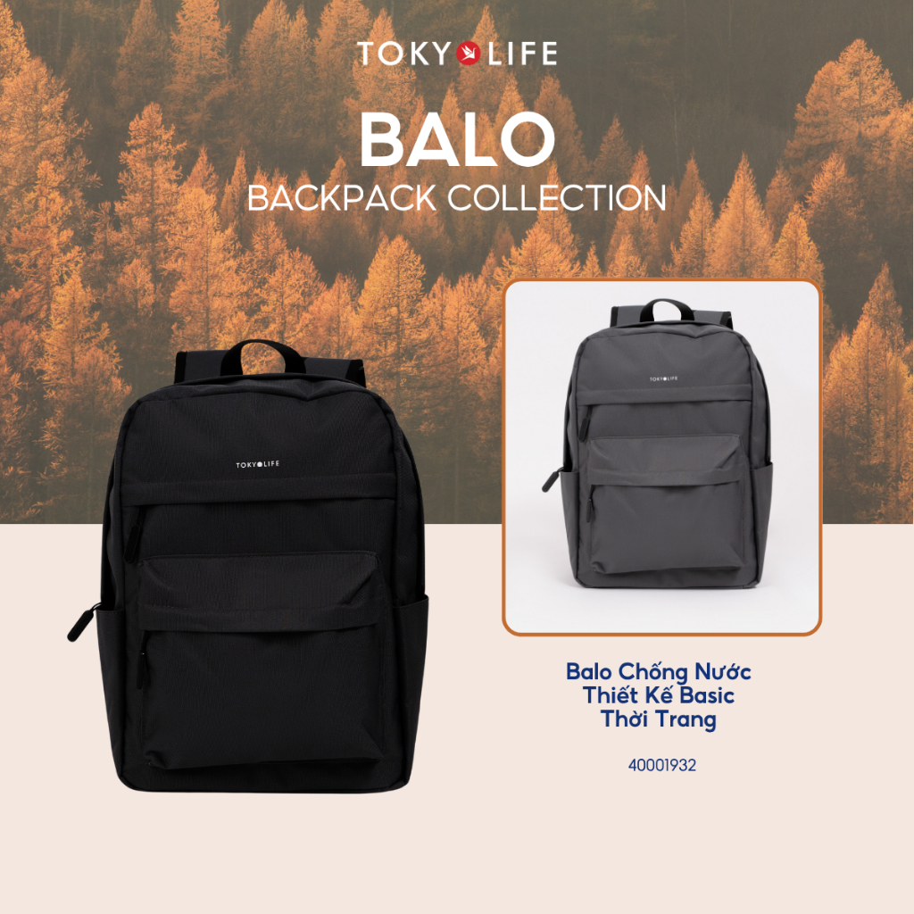 Balo chống nước thời trang TOKYOLIFE nam nữ thiết kế basic siêu nhẹ chất liệu cao cấp C8BPK001K/4000