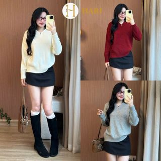  Áo len cổ tim Hari trơn lông thỏ thềm không dặm ngứa 955 P0 
