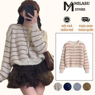  Áo Len Cagigan Dài Tay Kẻ Sọc Phối Cúc Đồng Milasu Áo Khoác Cổ Tròn From Dáng Rộng 493 