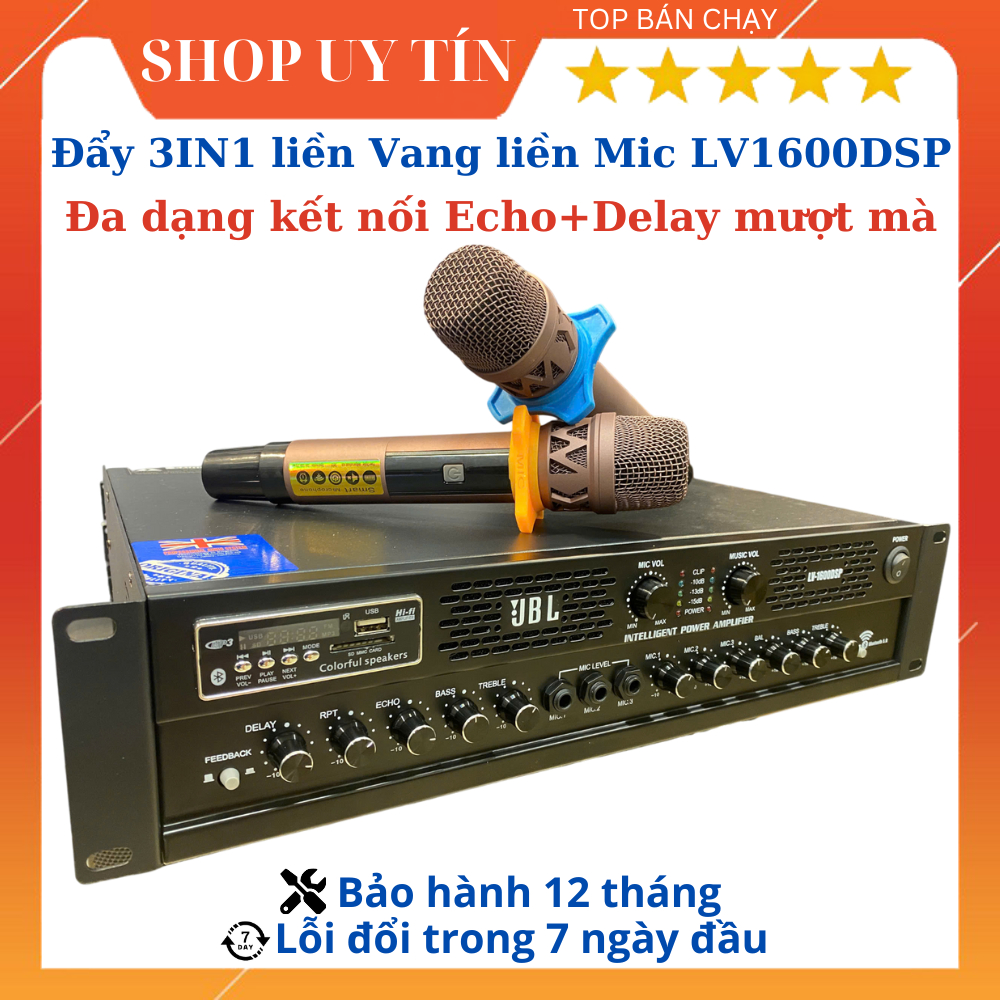 Đẩy 3IN1 liền Vang liền Mic Model  LV1600DSP công suất 500W/kênh mạnh mẽ. Dùng cho dàn âm thanh gia 