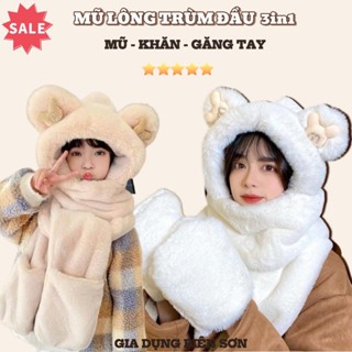  M62 Mũ Len Trùm Đầu Tai Gấu Chữ M Kèm Khăn Và Bao Tay 3 Trong 1 Mũ Lông Cừu Dày Mịn Ấm Áp 