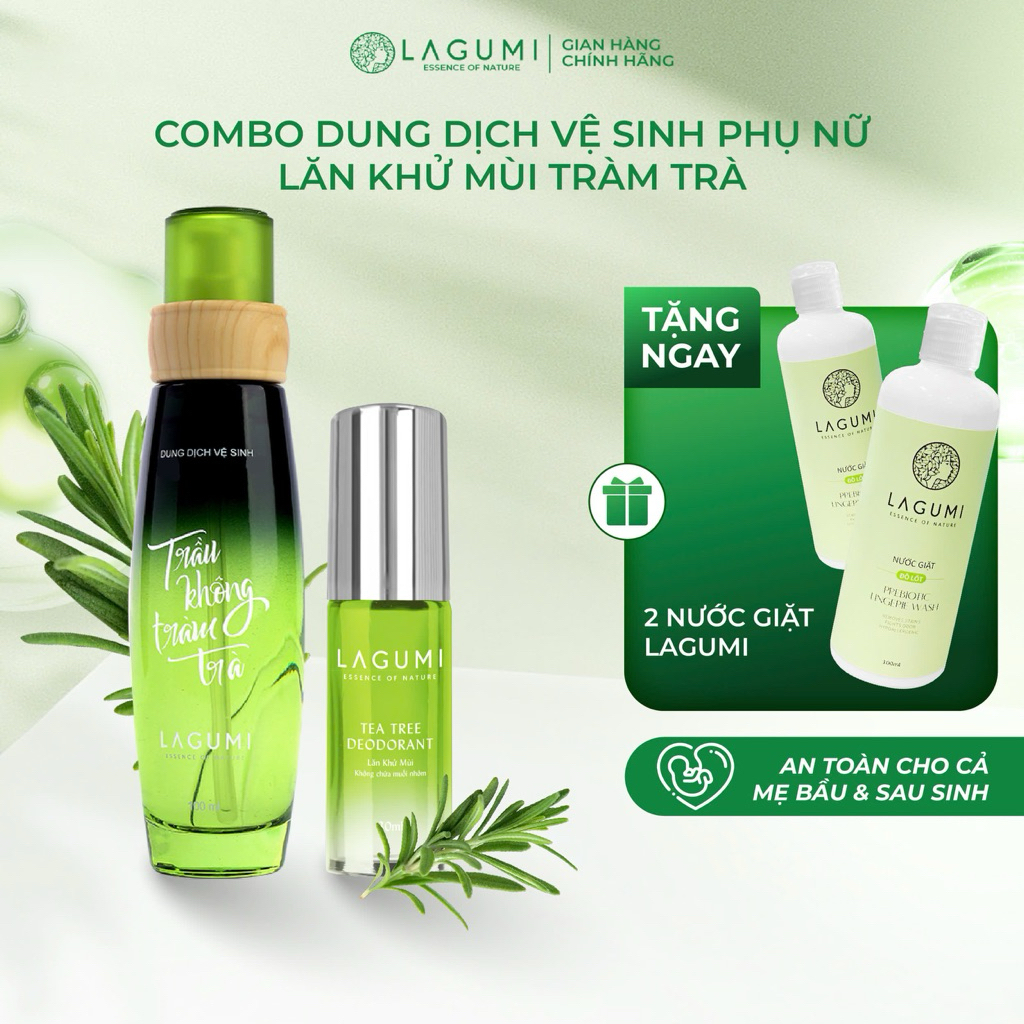 Bộ Dung Dịch Vệ Sinh Phụ Nữ Lagumi Trầu Không Tràm Trà và Lăn Khử Mùi Tràm Trà Không Gây Ố Vàng Lagu
