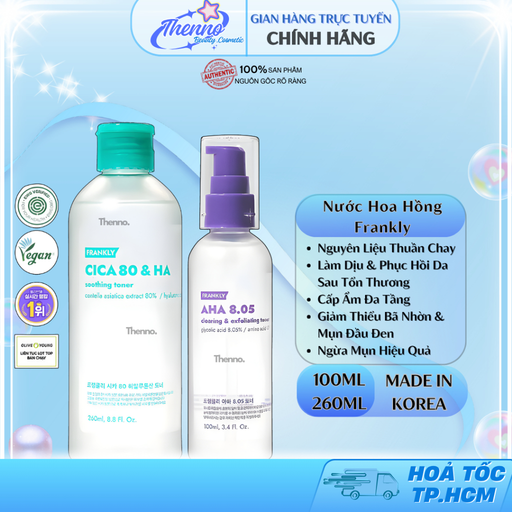 Toner Xử Lý Mụn Ẩn, Mụn Đầu Đen và Phục Hồi Da Frankly CICA 260ml & AHA 8.05% 100ml/260ml Hàn Quốc