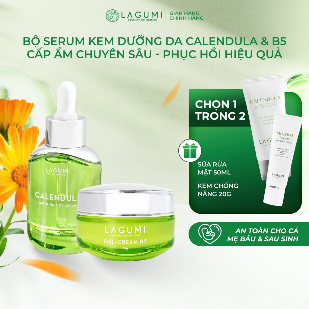 Bộ Kem dưỡng ẩm & làm sáng cho mẹ bầu, sau sinh LAGUMI Calendula B5 30gr và Serum LAGUMI Super HA 30