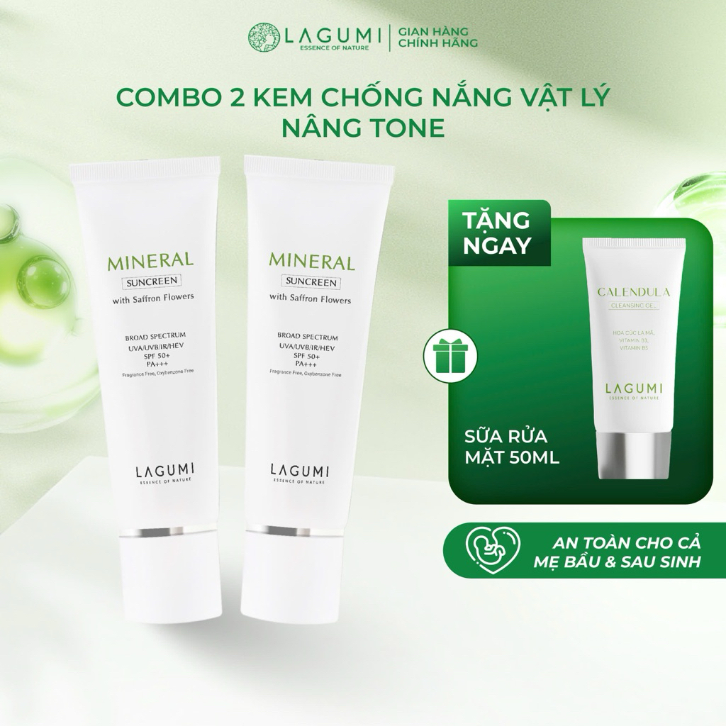 Combo 2 kem chống nắng vật lý nâng tone tự nhiên LAGUMI 50gr