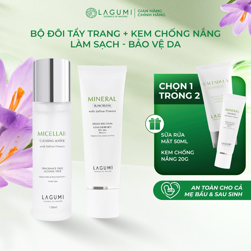Combo Tẩy trang Lagumi 150ml và Kem chống nắng vật lý nâng tone Lagumi 50gr