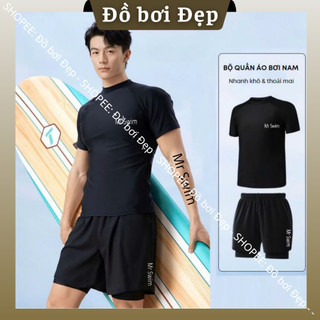  Bộ đồ bơi nam tay ngắn áo trơn cổ tròn quần đùi 2 lớp kín đáo đi biển thể thao chất dày dặn Dolphin 048 