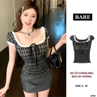 BARE_Áo Cổ Vuông Bèo Ren Áo Kiểu Nữ Trễ Vai Tay Phồng Thiết Kế Thân Smock Ôm Eo Dễ Thương_A799 