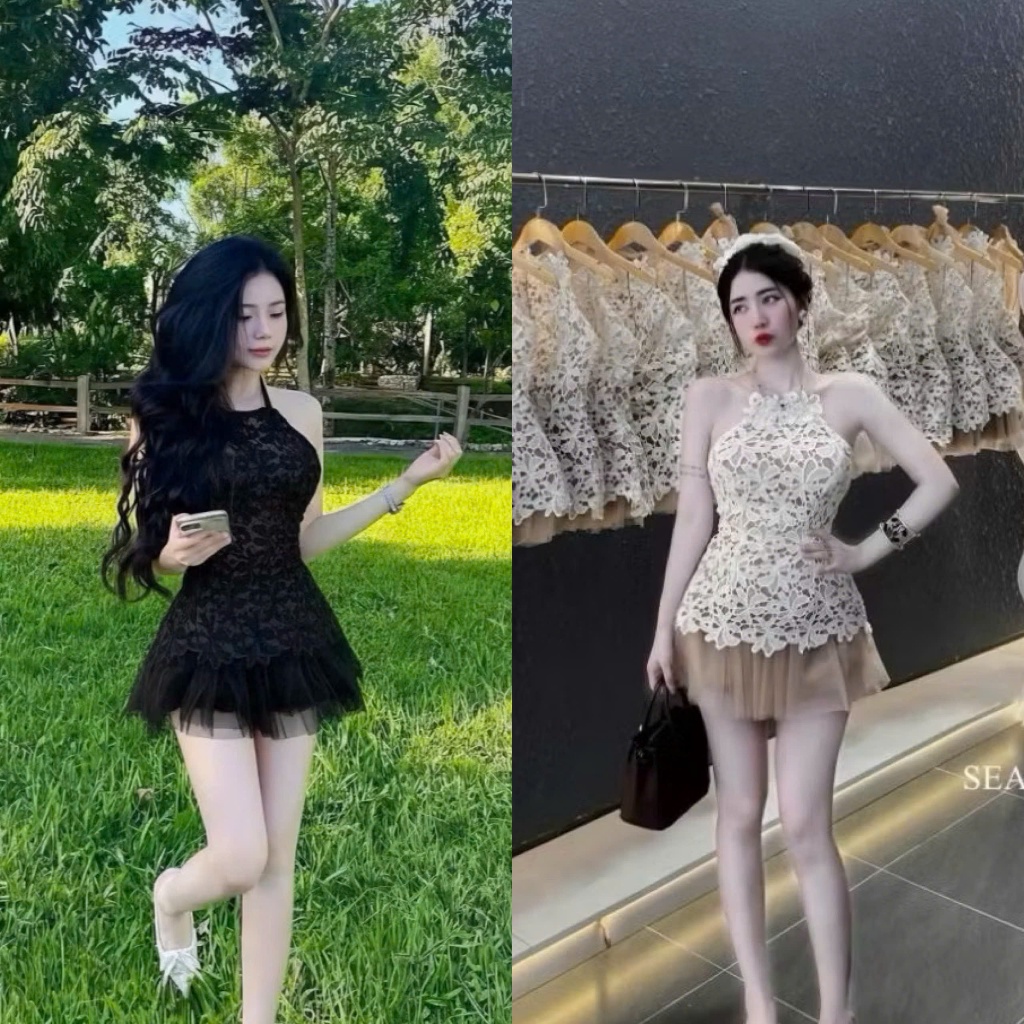 BIGSIZE HIẾU HIẾU (55-100KG) - Set thời trang nữ Áo ren hoa cổ yếm + Chân váy voan ngắn S685