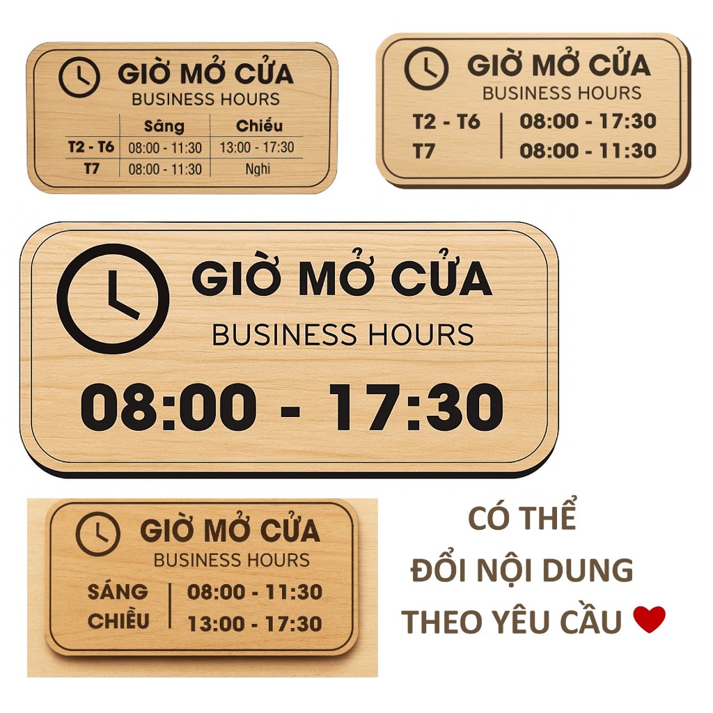 Có tặng dây treo, bảng song ngữ Giờ mở cửa - Business Hours trang trí cửa hàng