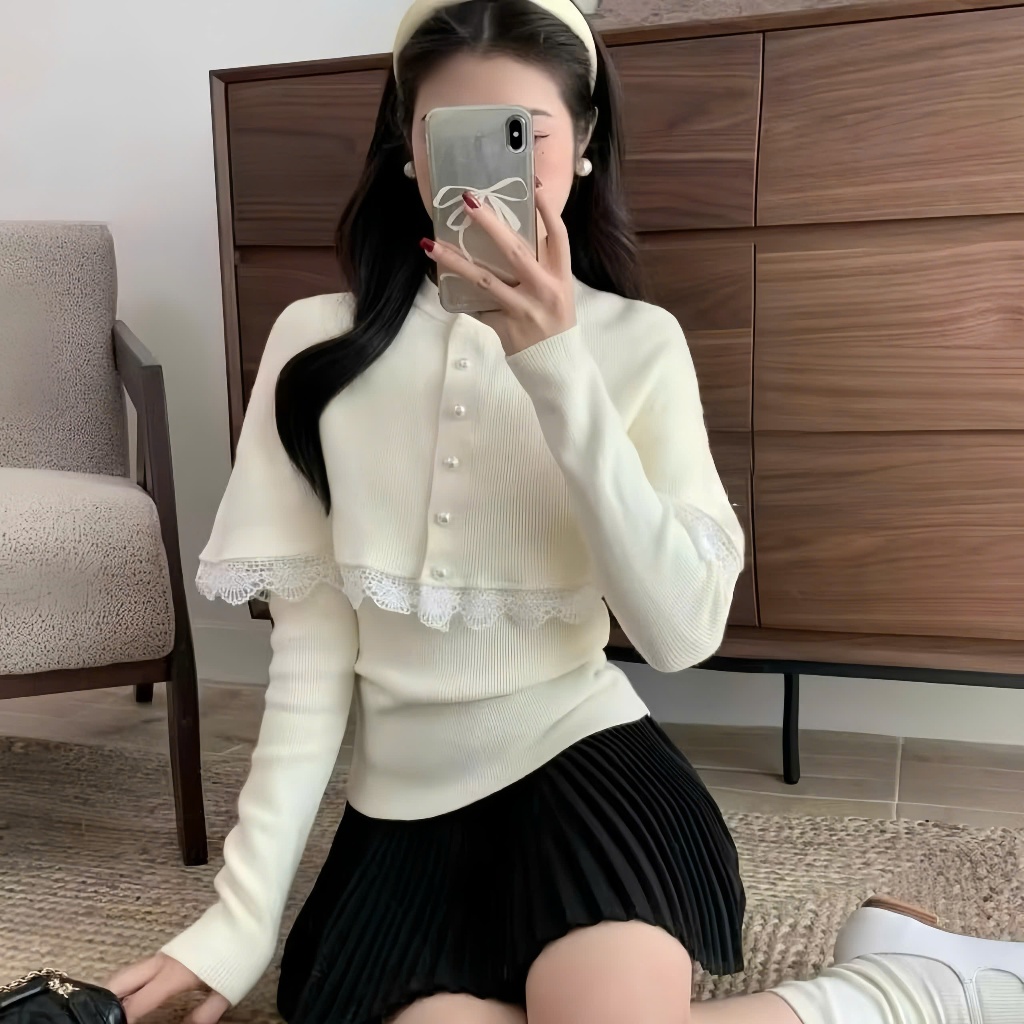 Set 3 Món Tiểu Thư Gồm Áo Choàng Phối Ren + Áo Len Tăm + Chân Váy Xếp Ly | BigBuy360 - bigbuy360.vn