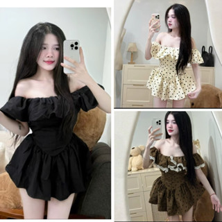    Có Chấm Bi   Đầm Trễ Vai Kiểu Bèo Ôm Eo Form Vạt Dài Xoè Xếp Li Phối Quần Ngắn Ôm 