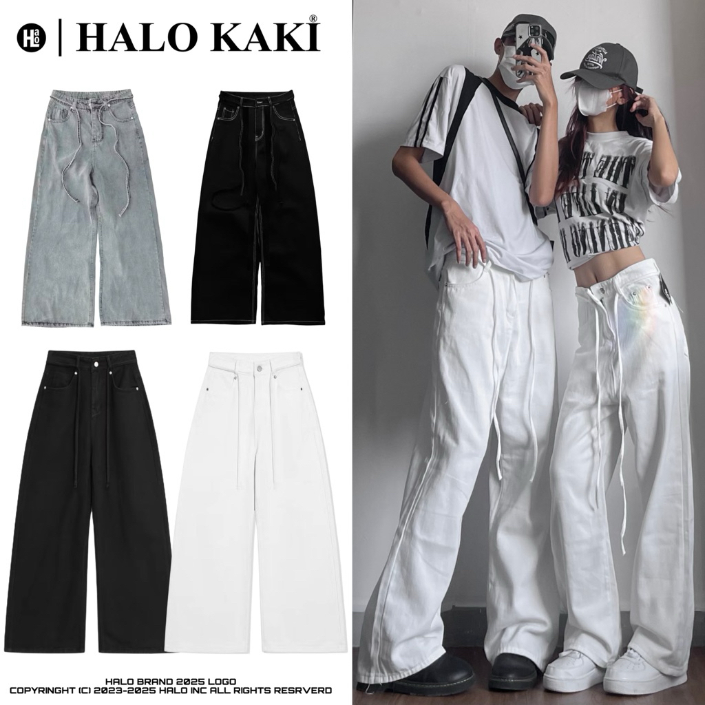 [FULL MÀU - TẶNG KÈM DÂY THỪNG] QUẦN JEANS TRƠN ỐNG SIÊU RỘNG TRẮNG/ĐEN PHỐI DÂY THỪNG UNISEX NAM NỮ HALO KAKI | BigBuy360 - bigbuy360.vn
