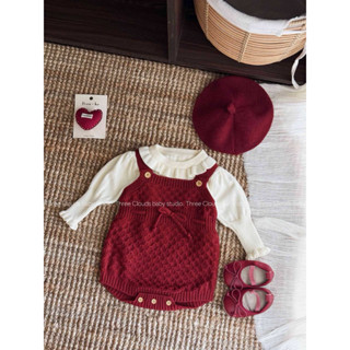  bodysuit đỏ cho bé gái bodysuit len đỏ cho bé romper mặc noel lễ tết cho bé set áo kèm yếm len bé gái 