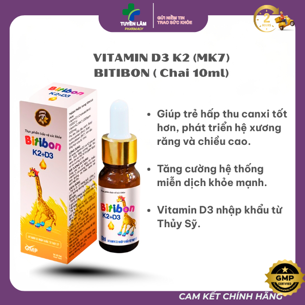 Bitibon D3+K2 - hỗ trợ hấp thu canxi, tăng chiều cao cho bé, giúp xương răng chắc khỏe (chai 10ml)