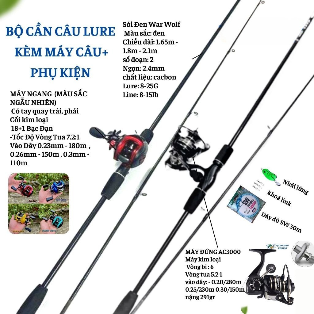 Bộ Combo Cần Câu Lure Sói Đen Máy Đứng Máy Ngang Carbon Siêu Nhẹ Dài 1m65 1m8 2m1 Câu Cá To 5Kg