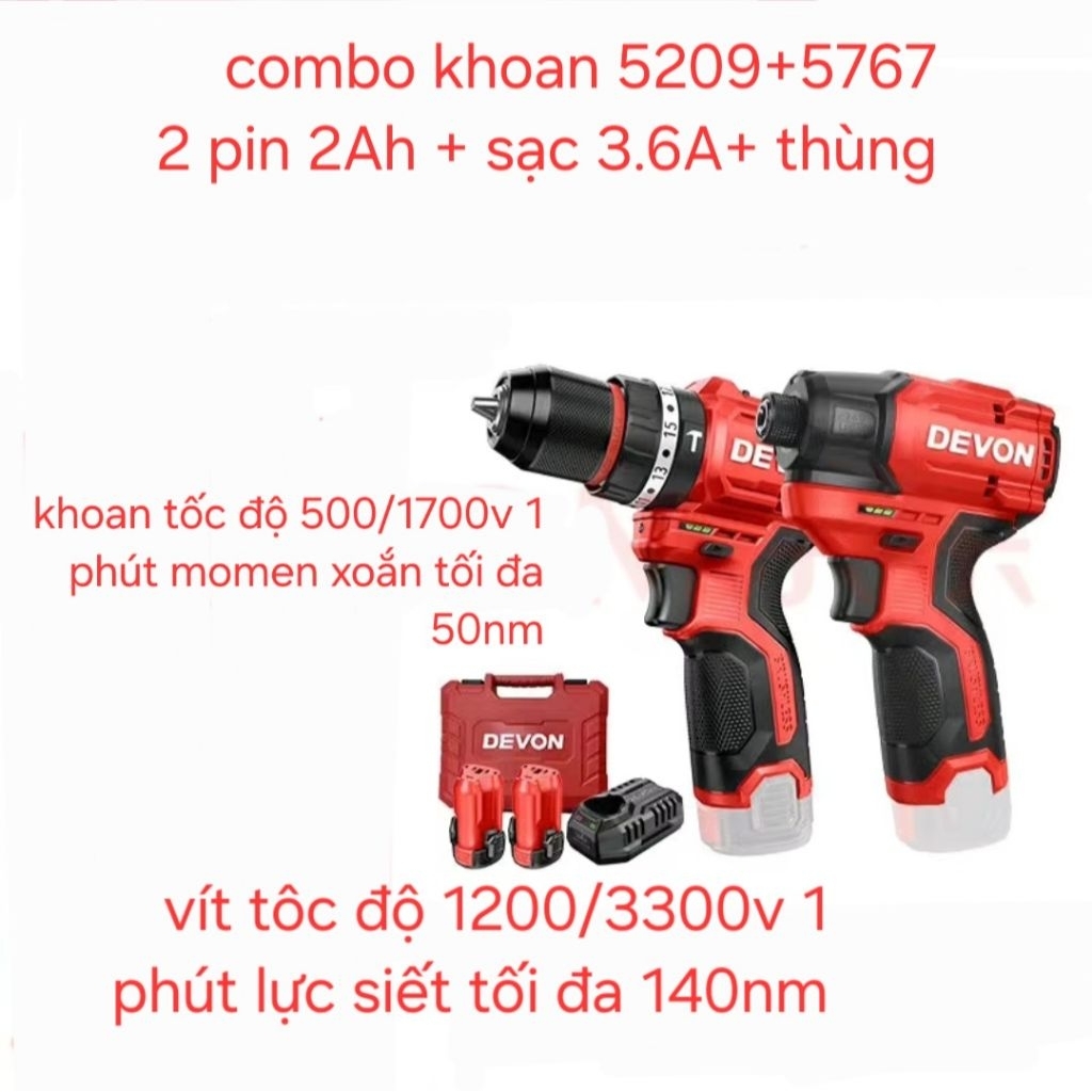 combo máy khoan và vít DEVON 12v