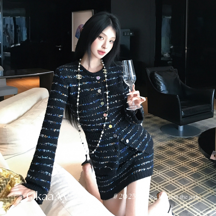 DM3616 Set áo len dài tay đính kim tuyến bling bling mix chân váy ngắn ôm body gợi cảm