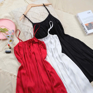  COMBO 2 Váy Ngủ 2 Dây Lụa Satin 4LOVA Cao Cấp Dáng Suông Buộc Nơ Lưng Kèm Quà Tặng Dây Buộc Tóc 