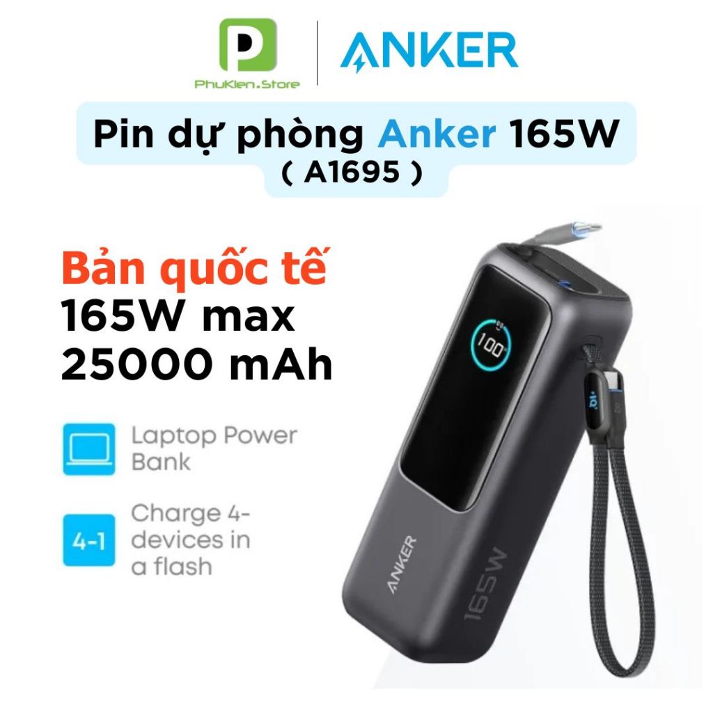[BH 18th - New seal] - Sạc Dự Phòng Anker Zolo 25000mAh 165W Tích Hợp Cáp Rút Gọn A1695 [ 100W 140W 