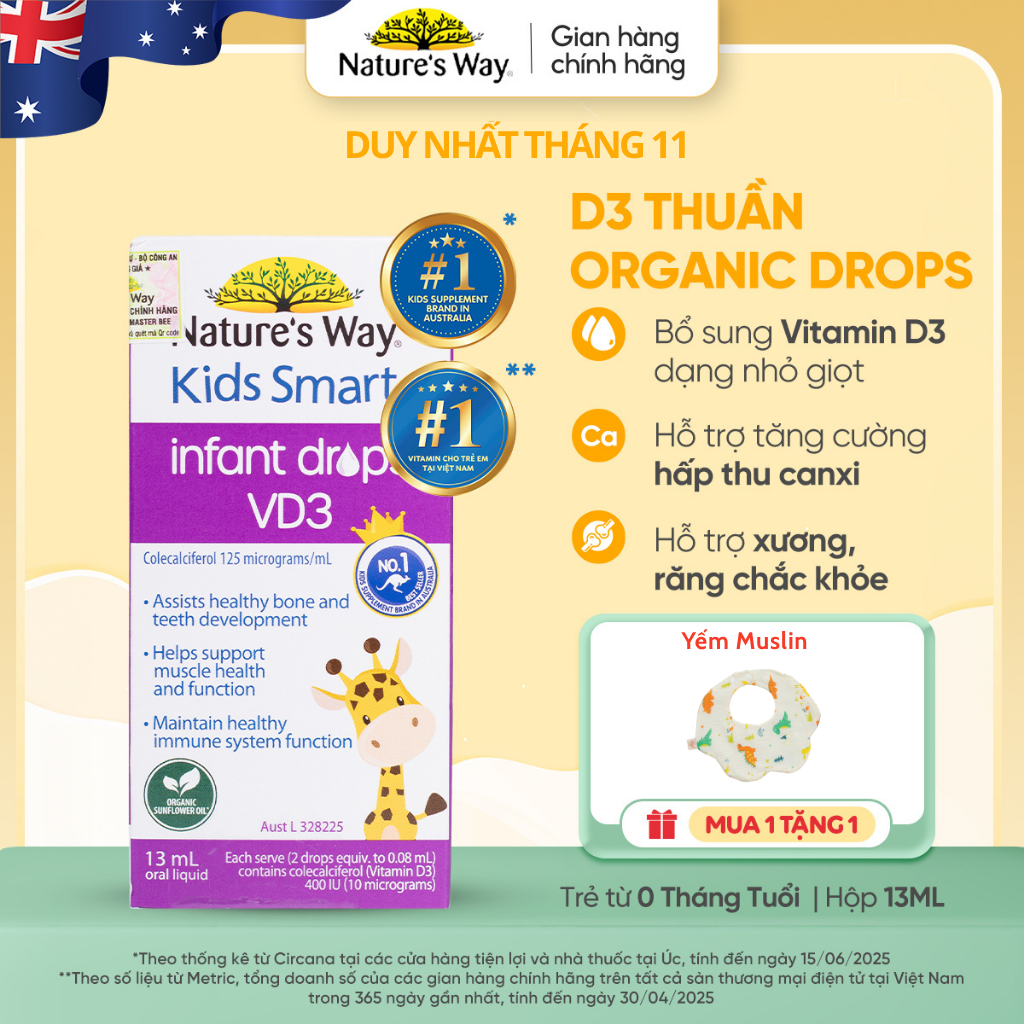 Vitamin D3 ORGANIC Nature’s Way, D3 Thuần Cho Trẻ Sơ Sinh Kids Smart Infant Drops VD3 - Hộp 13ml