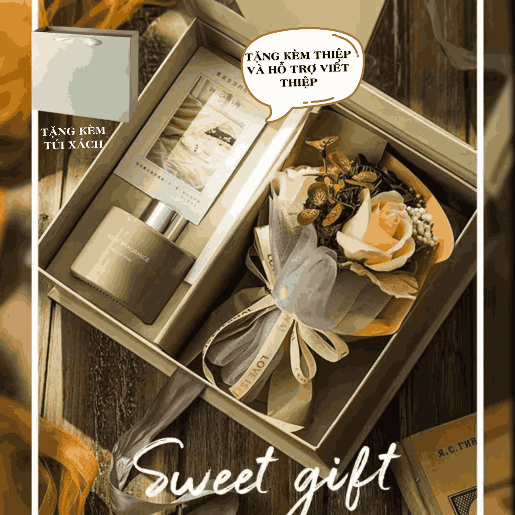 SET QUÀ TẶNG 8/3 - Tặng kèm túi xách+thiệp Set Hộp Quà - Tinh Dầu Khếch Tán Kèm Hoa Lụa - Quà Tặng 20/10 20/11 Giáng S