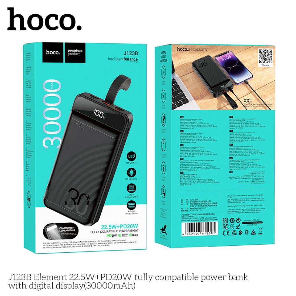 Pin sạc dự phòng Hoco J123B 30.000mah, sạc nhanh type-c 20W/USB 22,5W