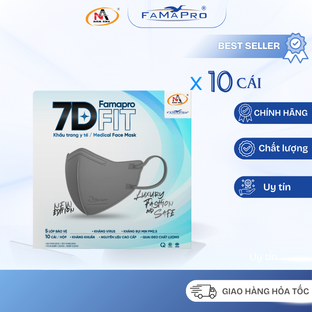 [Hộp 10 Cái] Khẩu Trang Y Tế Cao Cấp 5 Lớp Nam Anh Famapro 7D FIT Thoáng Khí,Ôm Mặt, Lọc Bụi Mịn Hiệ