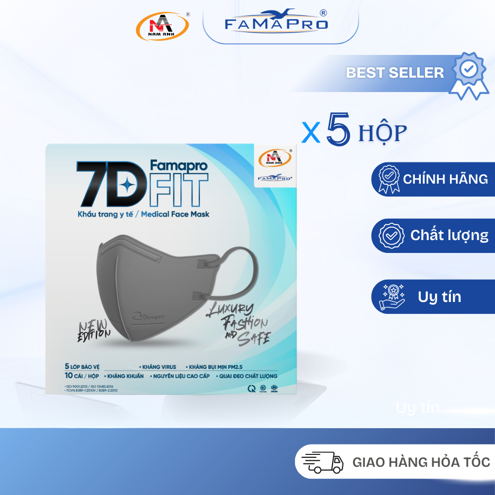 [Combo 5 Hộp] Khẩu Trang Y Tế Cao Cấp Kháng Khuẩn 5 Lớp Nam Anh Famapro 7D FIT Ôm Mặt Thoáng Khí (Hộ
