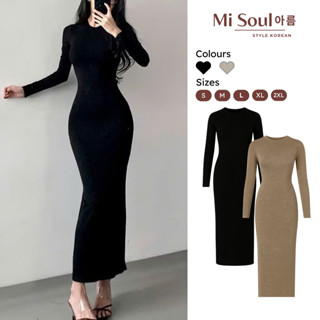  Váy BoDy Dáng Dài Xẻ Phía Sau Cổ Tròn Chất Len Lông Thỏ 502 Misoul Đầm Maxi Ôm Body Dài Tay 